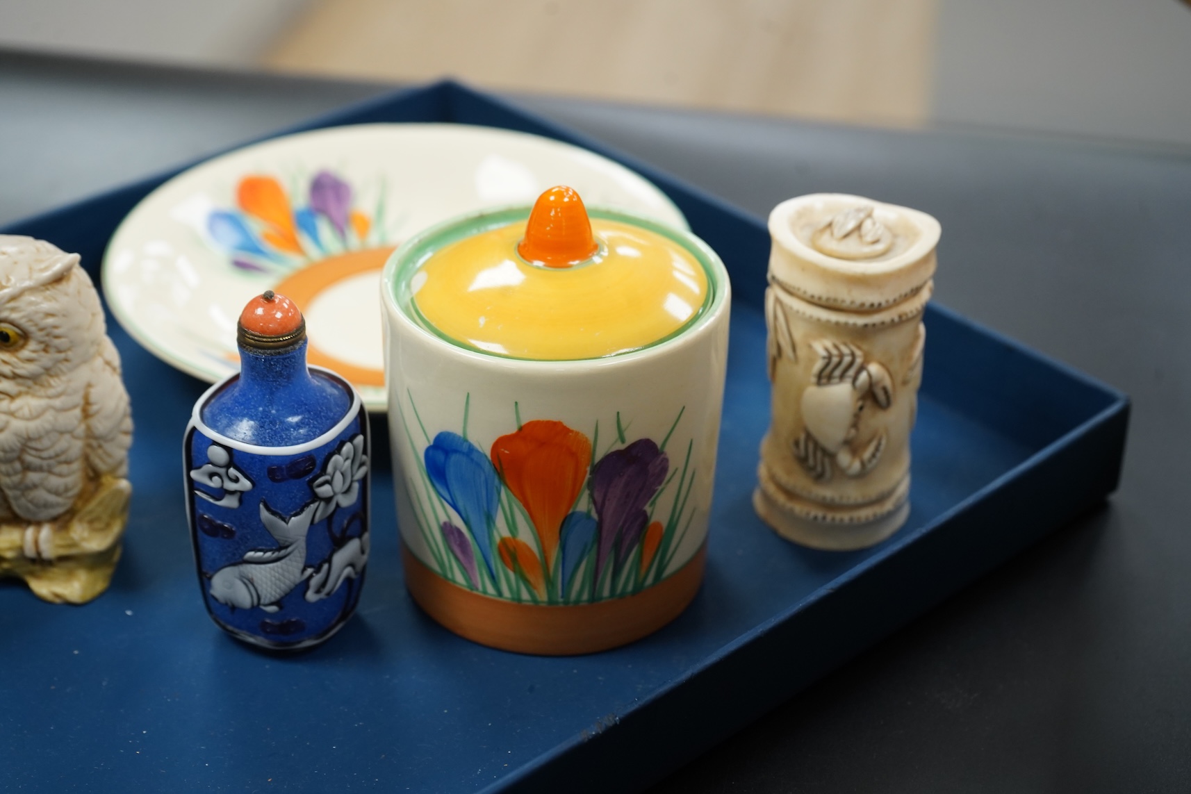 A collection of mixed porcelain and pottery to include four Worcester vases, one signed H. Blake, Clarice Cliff crocus pattern cup, saucer and sugar bowl and two Doulton Imari paperweights, largest 13cm high